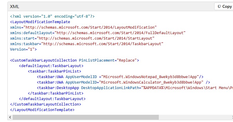 taskbar.xml файл с настройками и закрепленными приложениями в панели задач Windows