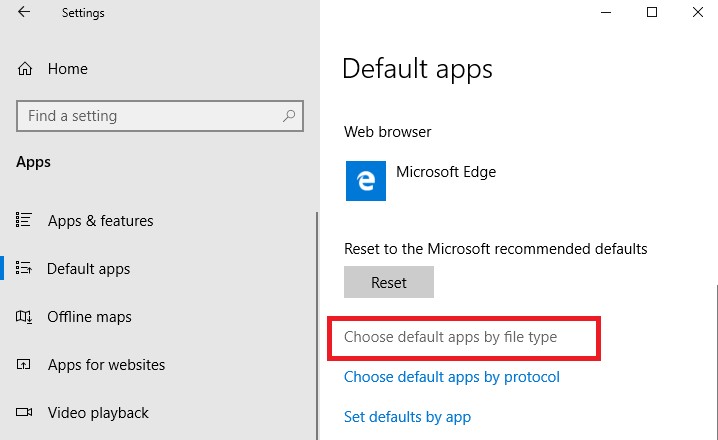 Choose default apps by file type windows10