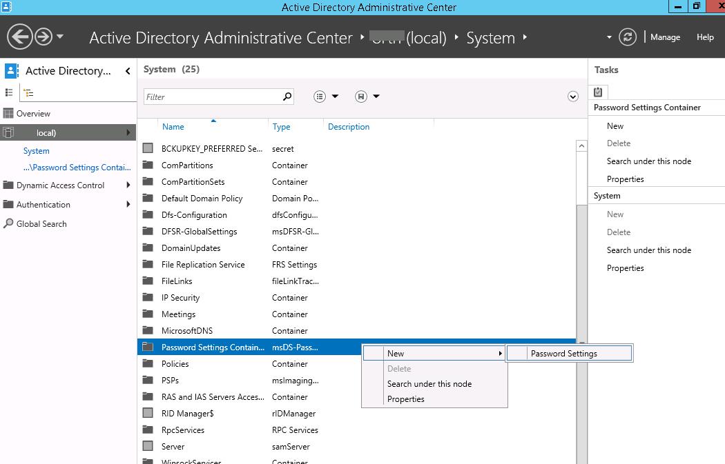 Active Directory Administrative Center - Password Settings Container