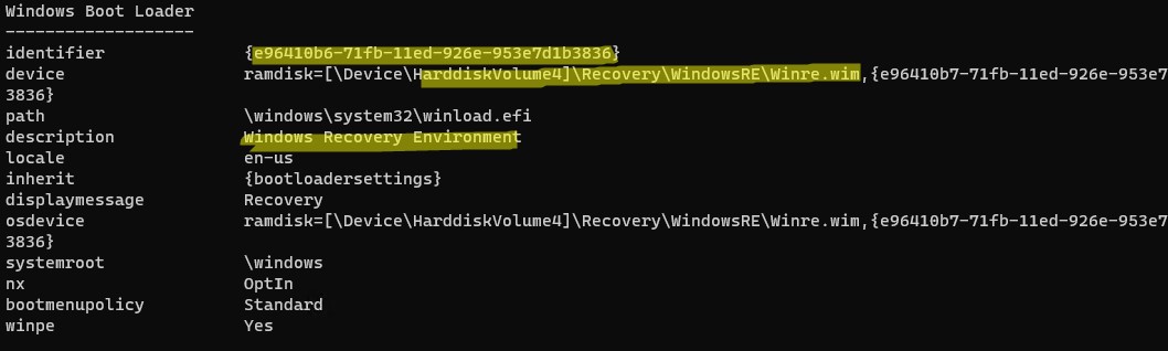 запись для среды windows recovery environment в диспетчере загрузки windows