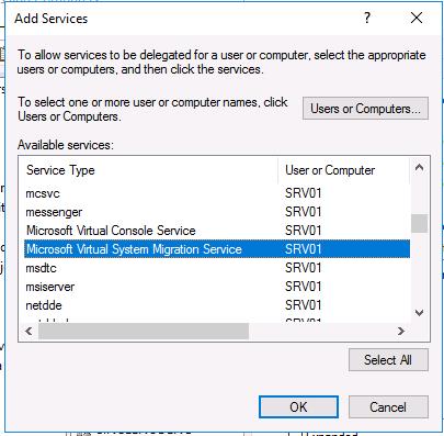 делегирование службы Microsoft Virtual System Migration Service