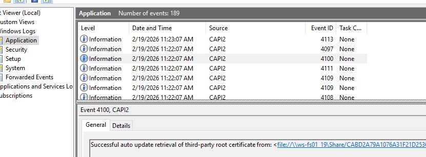 CAPI2 событие в event viewer где видно что выполнено обновлнеие корневых сертфикатов из сетевой папке