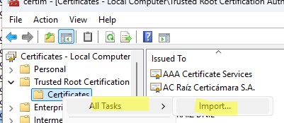Ручной импорт корневого сертфиката