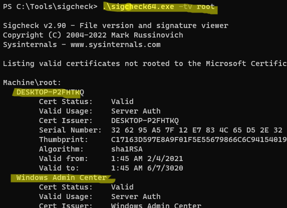 sigcheck64.exe проверить хранилище сертфикатов windows