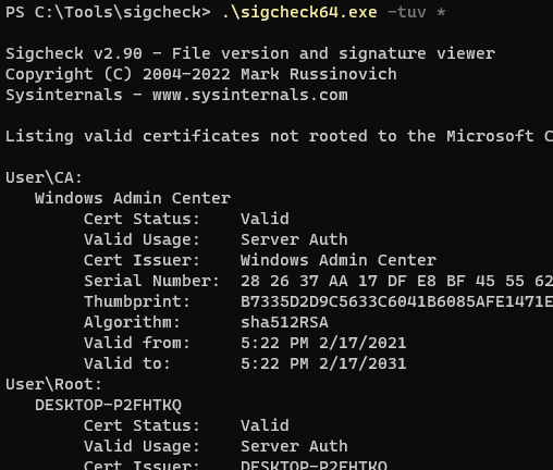 sigcheck64.exe - сторонние сертификаты в хранилище пользователя
