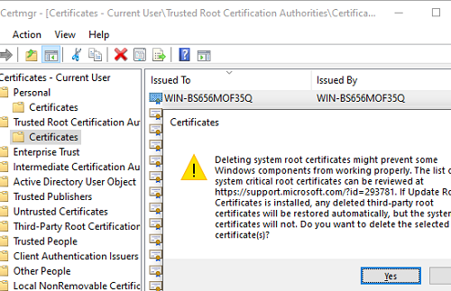 удалить поддельный или сторонний сертификат из консоли управления сертификатами