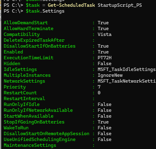 Get-ScheduledTask вывести настройки задания планировщика