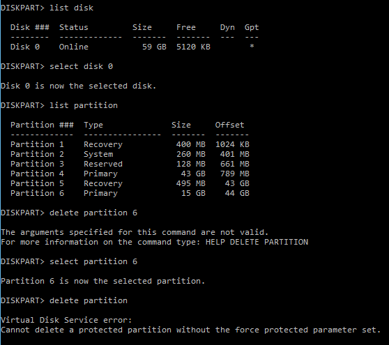 Virtual Disk Service error: Cannot delete a protected partition without the force protection parameter set.