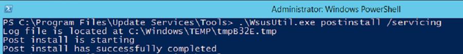 "C:\Program Files\Update Services\Tools\wsusutil.exe" postinstall /servicing
