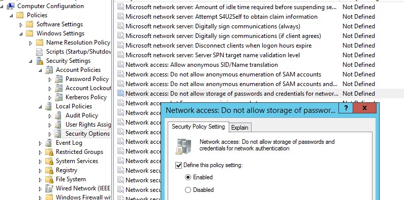 Network access: Do not allow storage of passwords and credentials for network authentication 