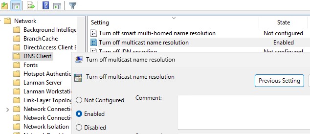 отключение протокола LLMNR через GPO Turn off smart multi-homed name resolution