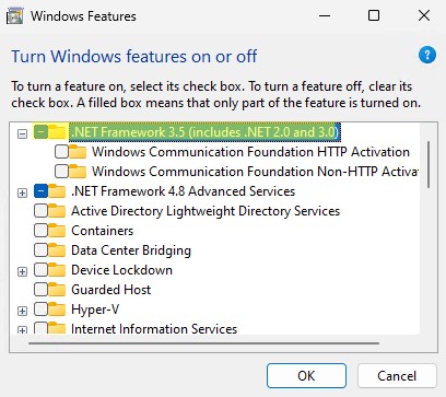Установка .Net Fframework 3.5 через панель управления Windows 11