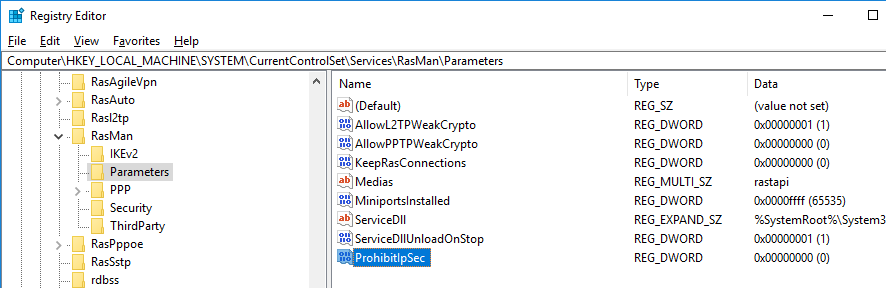 Параметры реестра ProhibitIPSec AllowL2TPWeakCrypto для корректной работы VPN за NAT