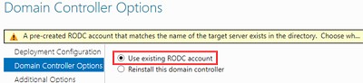 использовать существющий аккаунт rodc в домене