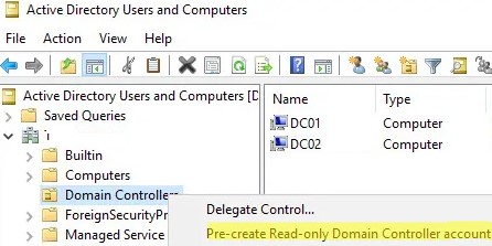 предварительно создать аккаунт контрллера домена на чтение RODC