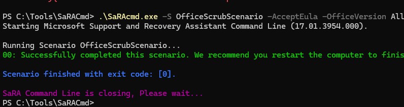 SaRAcmd OfficeScrubScenario скрипт для удаление всех версий Office