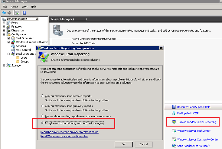 I don’t want to participate, and don’t ask me again - windows 2008 r2