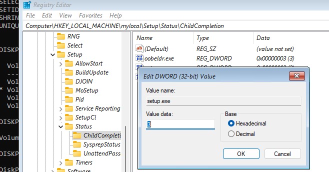 изменить параметр реестра ChildCompletion setup.exe на 3