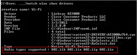 netsh wlan show drivers - Radio types supported 