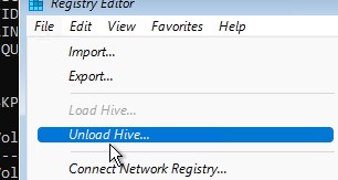 unload hive - выгрузить файл реестра и сохранить его на диск 