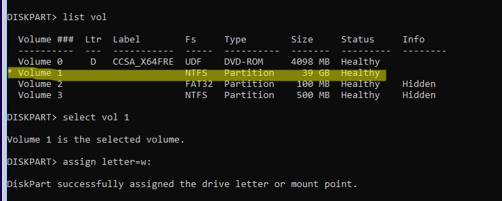 winpe diskpart определить и назначить букву диска офлайн образу windows