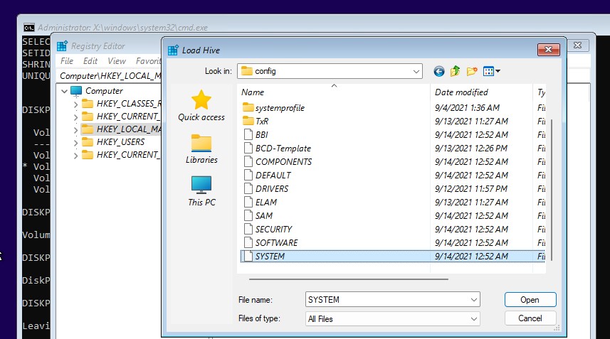 загрузить реестра офлайн копии windows с диска через load hive