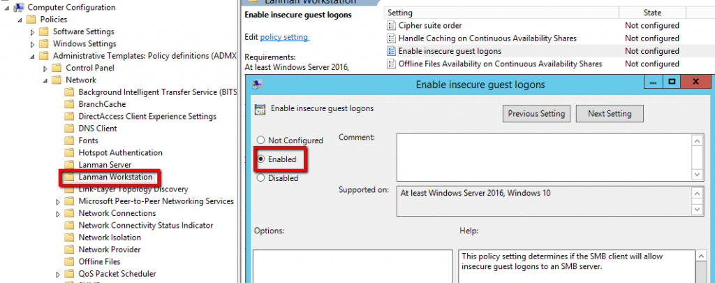 Enable insecure guest logons (Включить небезопасные гостевые входы) в Windows 10 групповой политикой