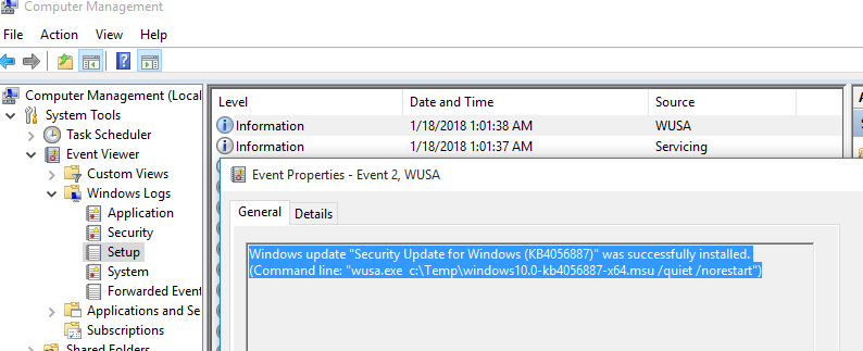 Обновление Windows "Security Update for Windows (KB4056887)" было успешно установлено