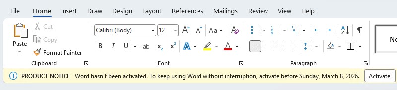 Предупреждение об окончании триал периода в Microsoft Word