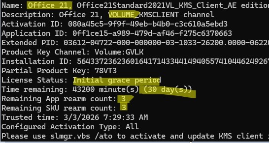 slmgr - оставшееся количество продлений volume версии office через rearm