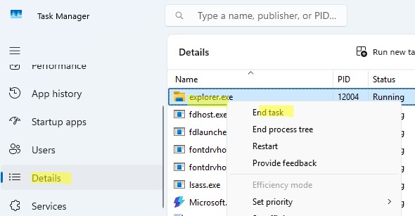 Остановить процесс explorer.exe через task manager