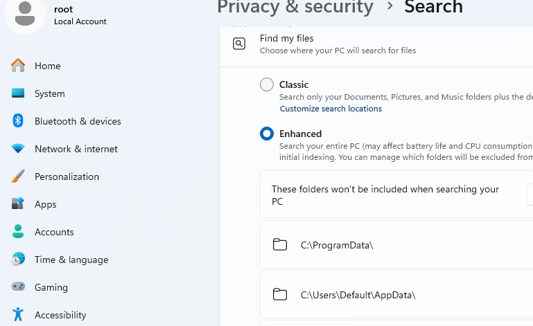Включиь расширенный enhanced режим поиска в Windows 11