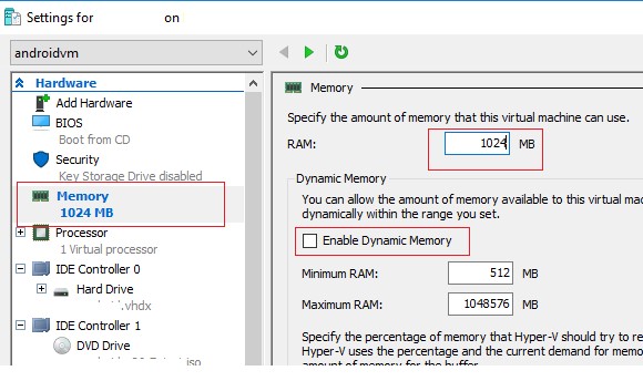 hyper-v v добавить память в виртуальную машину и отключить динамическую память