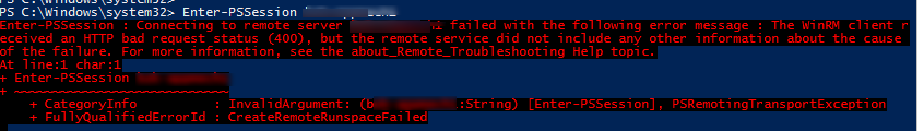 The WinRM client received an HTTP bad request status (400), 