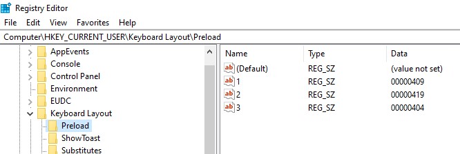 раздел реестра keyboard layout preload содержит список включенных раскладок клавиатуры