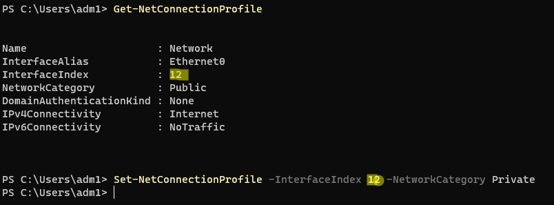 Set-NetConnectionProfile NetworkCategory Private