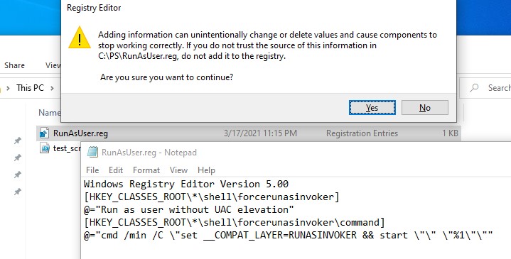 добавть в file explorer windows 10 пункт запуска программы без запроса UAC