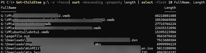 Get-ChildItem - поиск самых больших файлов на диске с помощью powershell