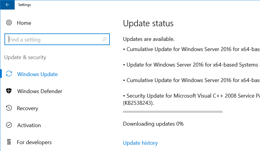 Downloading Updates 0% windows server 2016