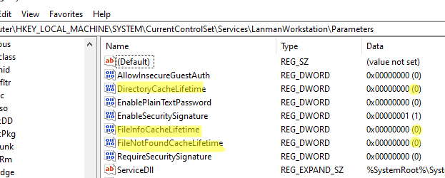 отключить использование кэша для общих сетевых папок с помощью параметра реестра DirectoryCacheLifetime
