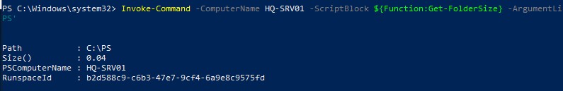 получить размер папки на удаленном компьютере с помощью powershell