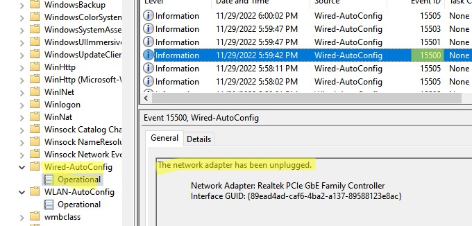 eventid 15500: событие отключение сетевого кабеля в windows