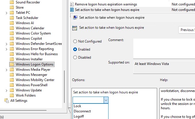 Групповая политика: настроить действие при истечении рабочего времени