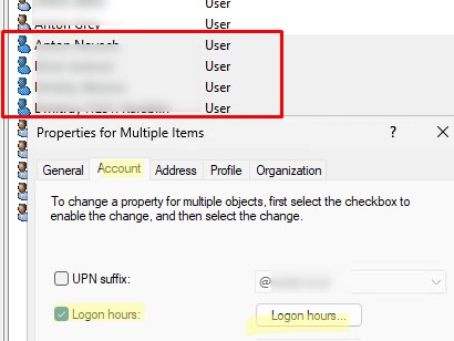 Задать рабочие часы в AD для множества пользователей