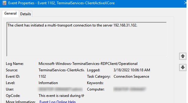 событие с ID 1102 в журнале Microsoft-Windows-TerminalServices-RDPClient событие подключения к RDP серверу на клиенте