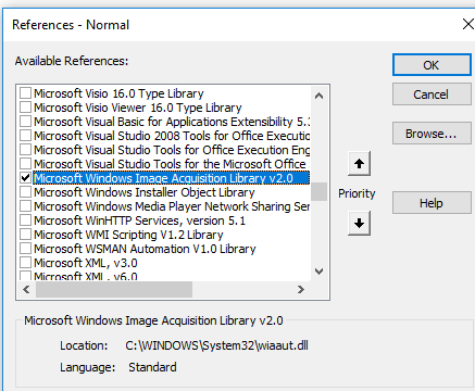 подключение библиотеки выберите Microsoft Windows Image Acquisition Library v2.0
