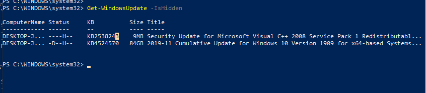 Get-WindowsUpdate –IsHidden отобразить скрытые обновления windows