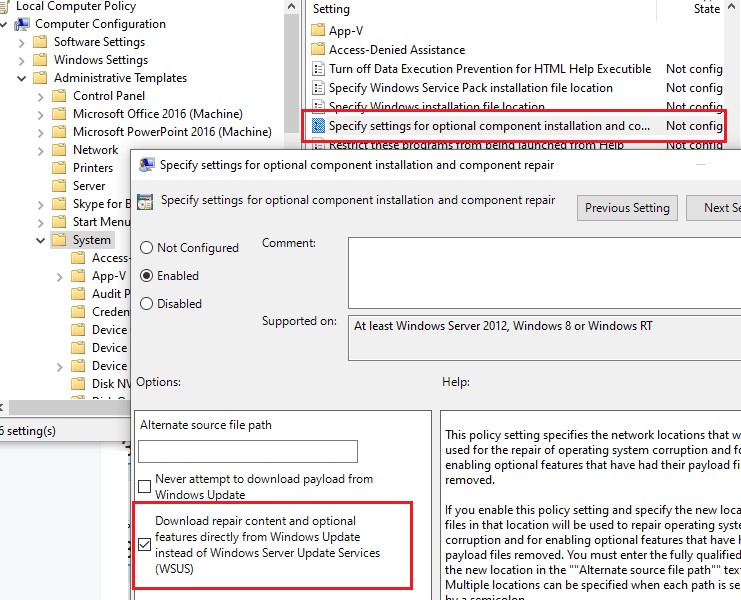 gpo: Specify settings for optional component installation and component repair