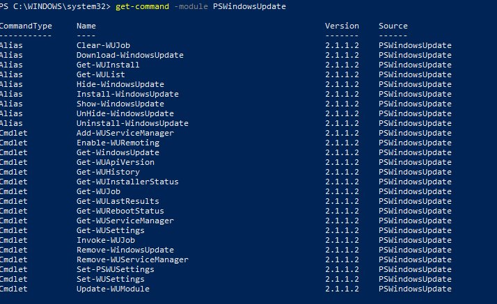 список командлетов модуля pswindowupdate