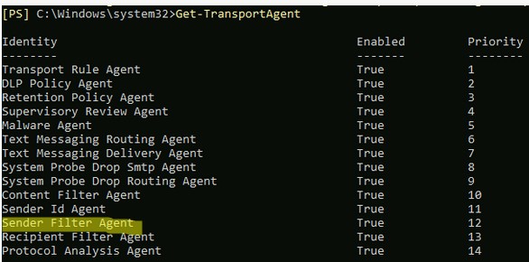 Get-TransportAgent список установленных антиспам агентов exchange